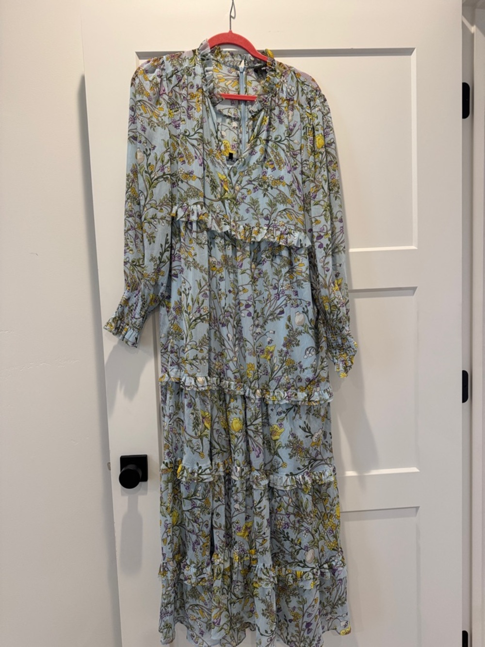 ME+EM Floral Tiered Long Sleeve Midi Dress - Light Blue
